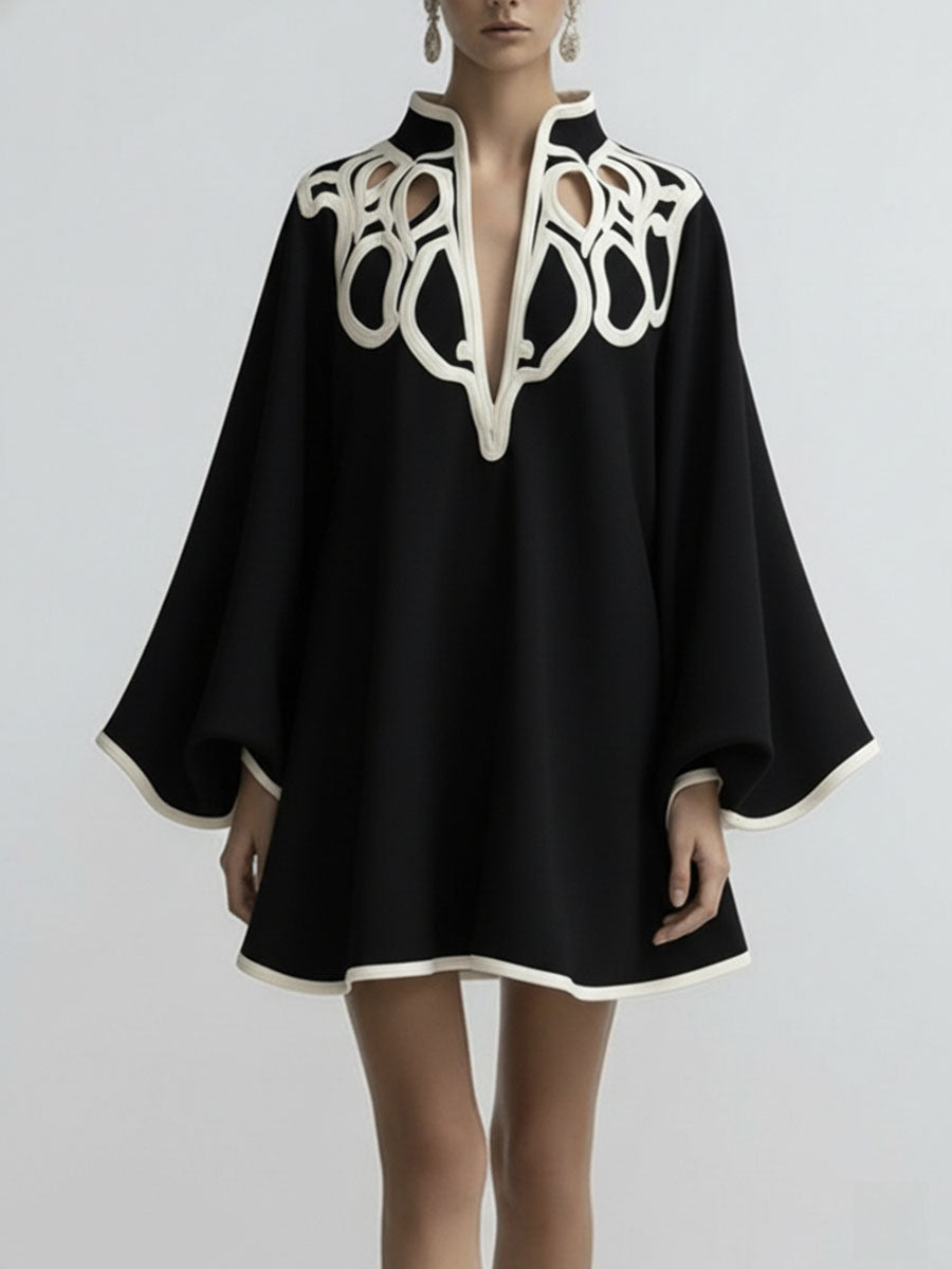 Contrast Trim Cutout Neck Flare Sleeve Mini Dress