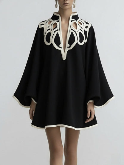 Contrast Trim Cutout Neck Flare Sleeve Mini Dress