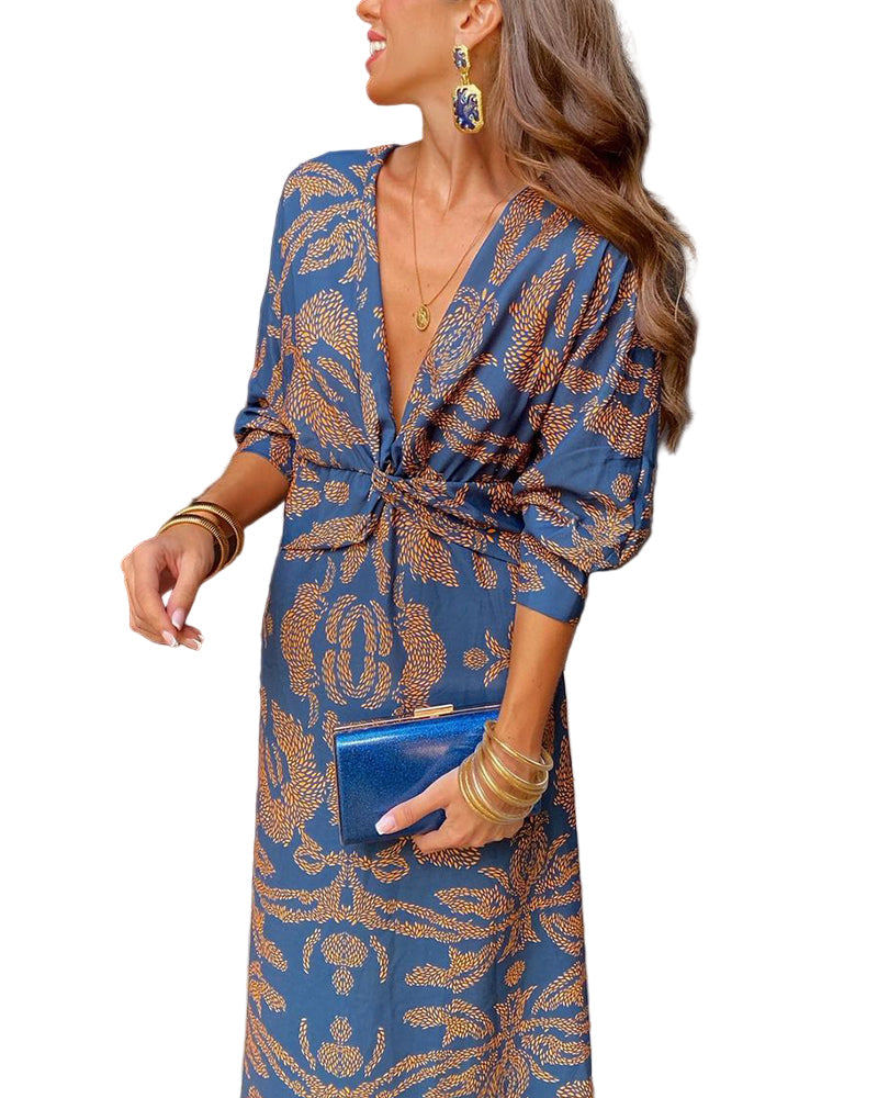Knotted Plunging Printed Midi Dress