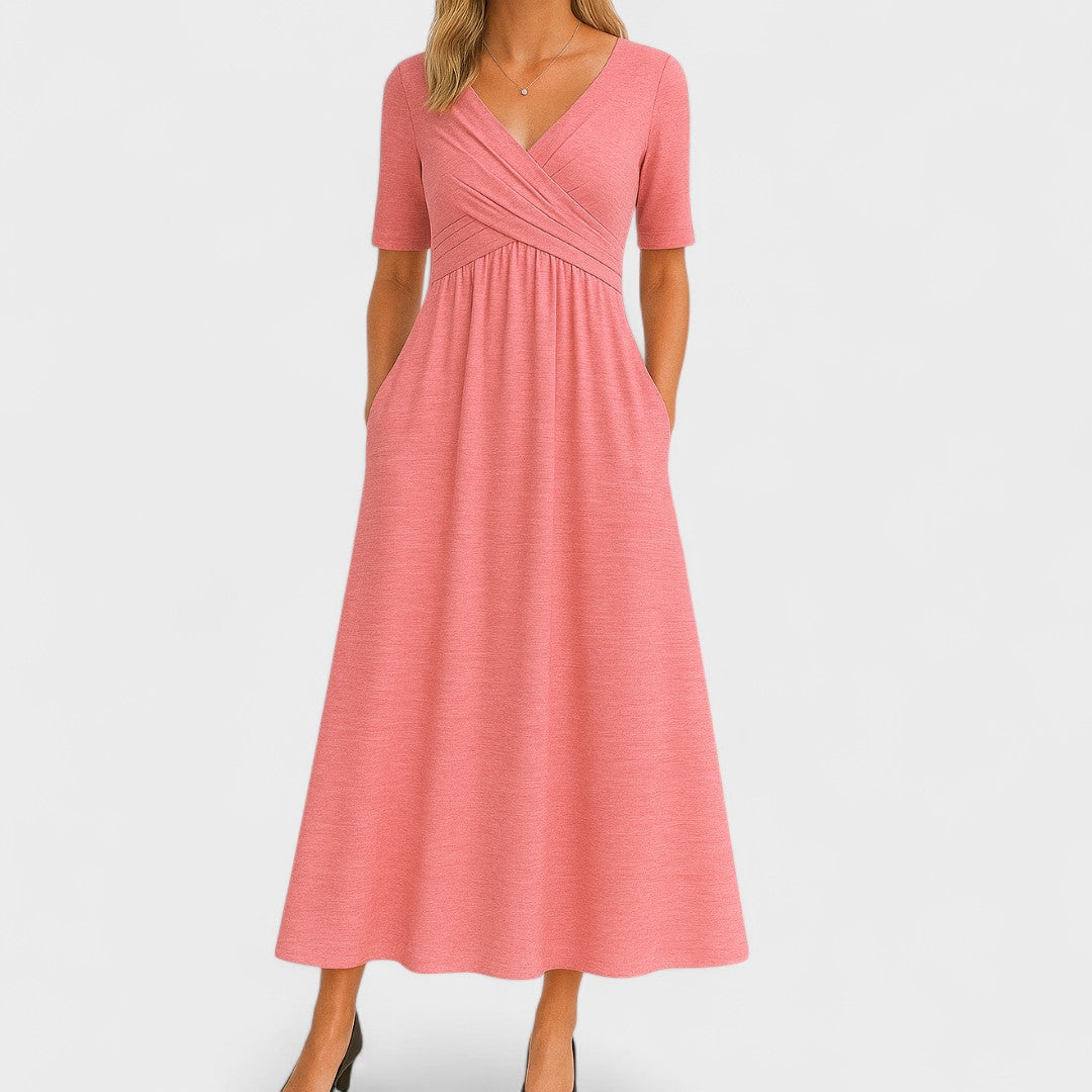 V-Neck Pocketed Midi Dress