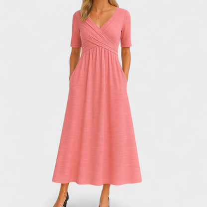V-Neck Pocketed Midi Dress