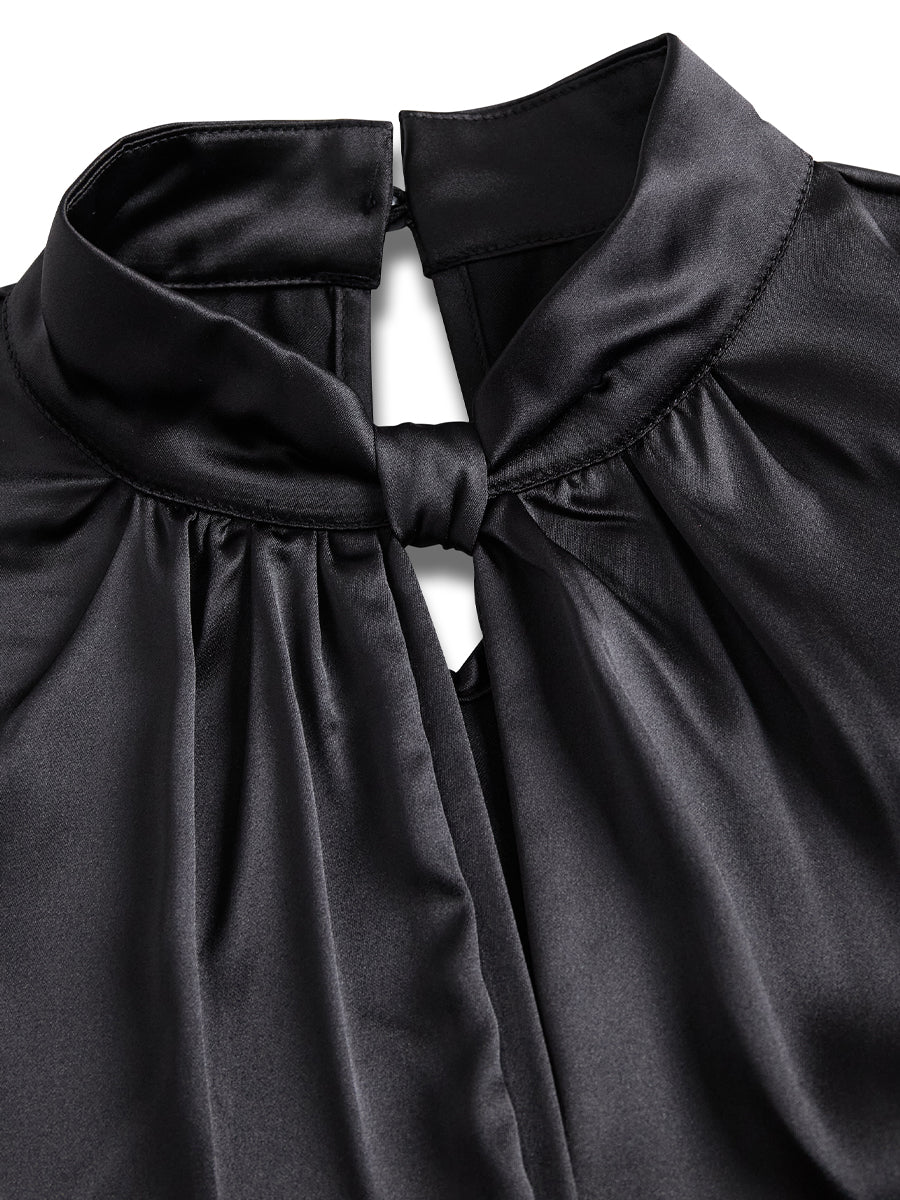 High Neck Keyhole Pleated Cuffed Blouse