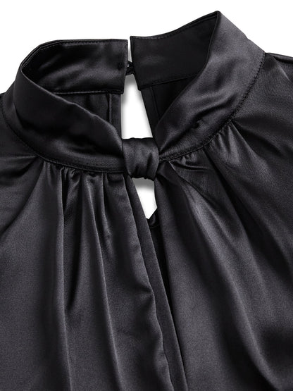 High Neck Keyhole Pleated Cuffed Blouse
