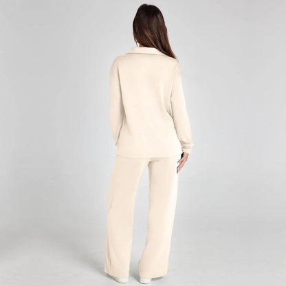 Women's V-Neck Long Sleeve Loungewear Set with Wide Leg Trousers
