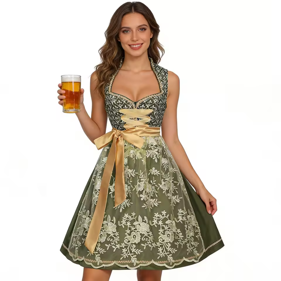 Women's Lace-Up Sweetheart Neckline Floral Embroidered Dirndl Dress