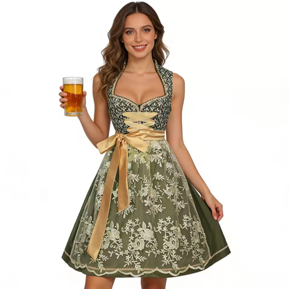 Women's Lace-Up Sweetheart Neckline Floral Embroidered Dirndl Dress