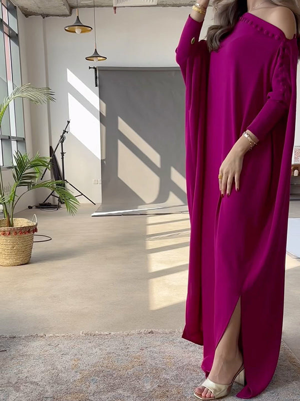 Button Trim Asymmetric Off Shoulder Slit Maxi Dress