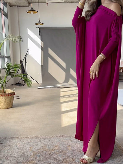 Button Trim Asymmetric Off Shoulder Slit Maxi Dress