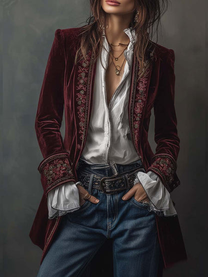 Women's Embroidered Tailored Fit Long Sleeve Blazer Jacket