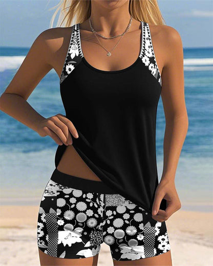Sleeveless Floral Printed Dotted Round Fitted Swimwear