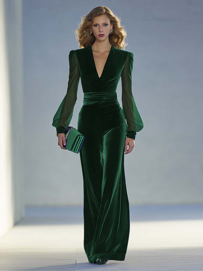 Plunging Fitted Ruched Long Puffed Wide Jumpsuit