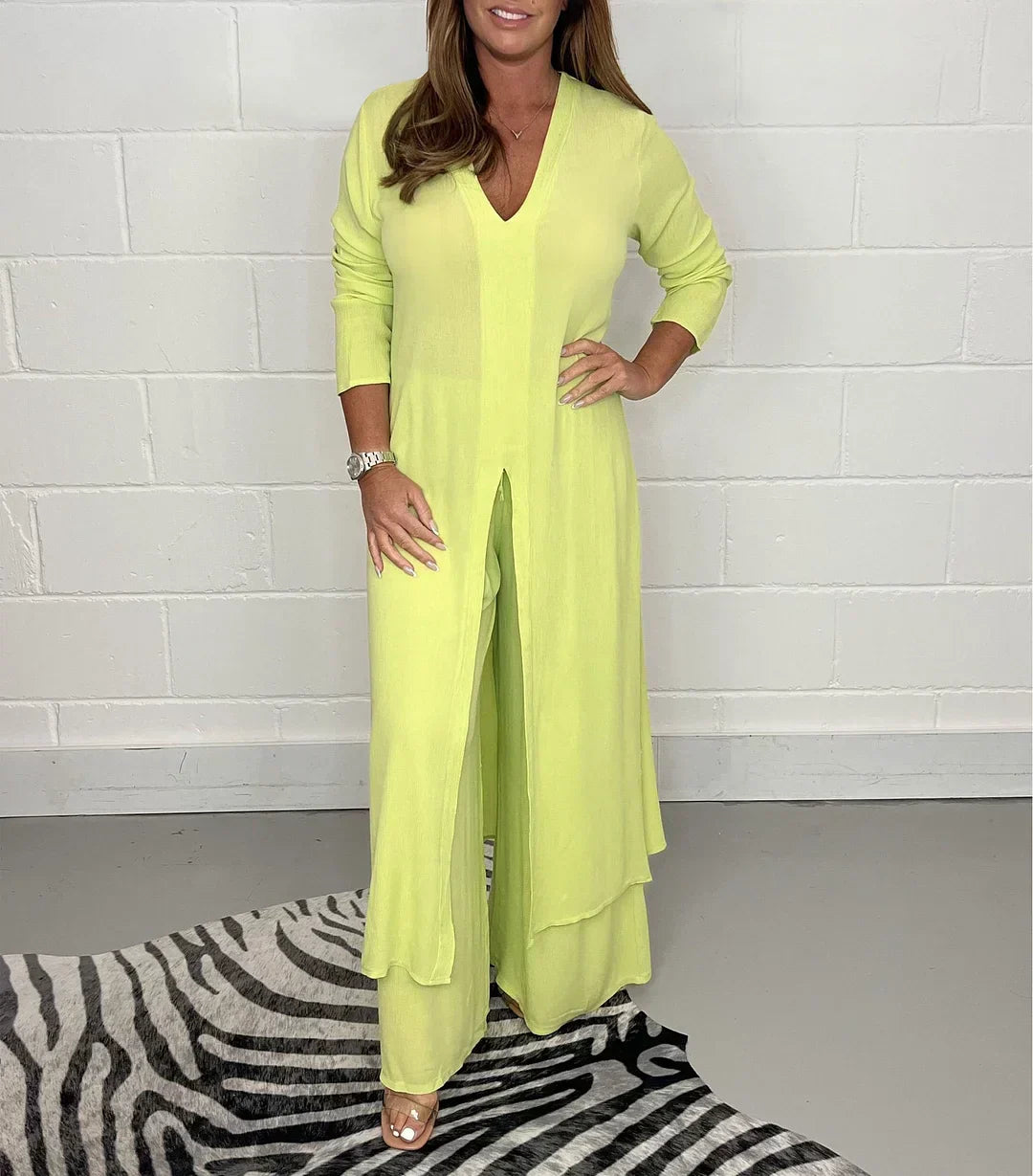 Long Sleeve V Neck Slit Set