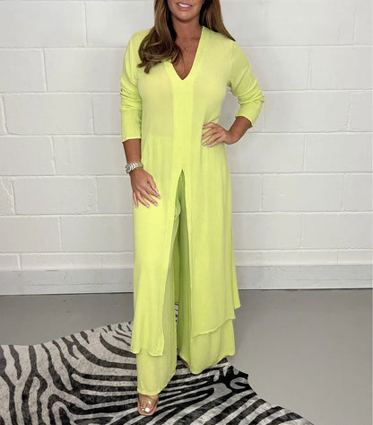Long Sleeve V Neck Slit Set