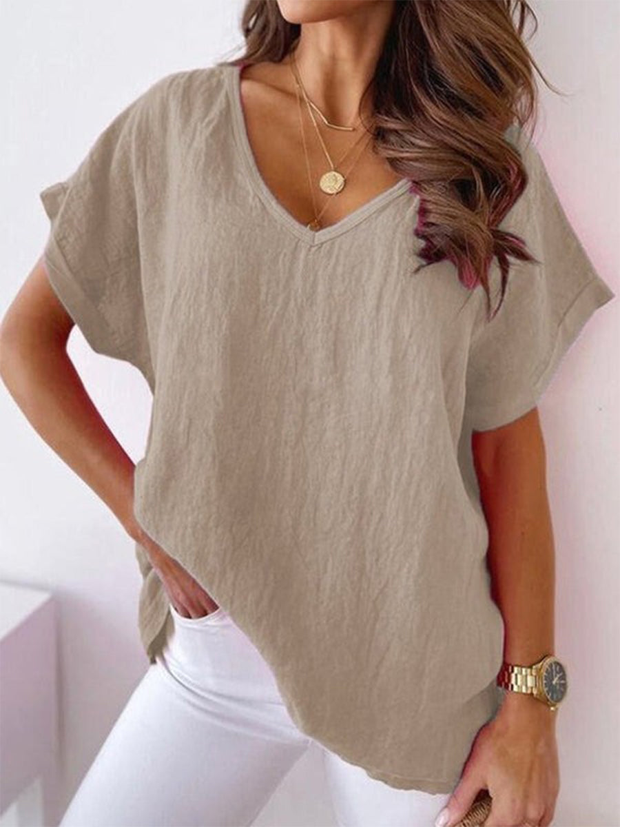 Crinkled Short Sleeved Relaxed Solid Seamed Top