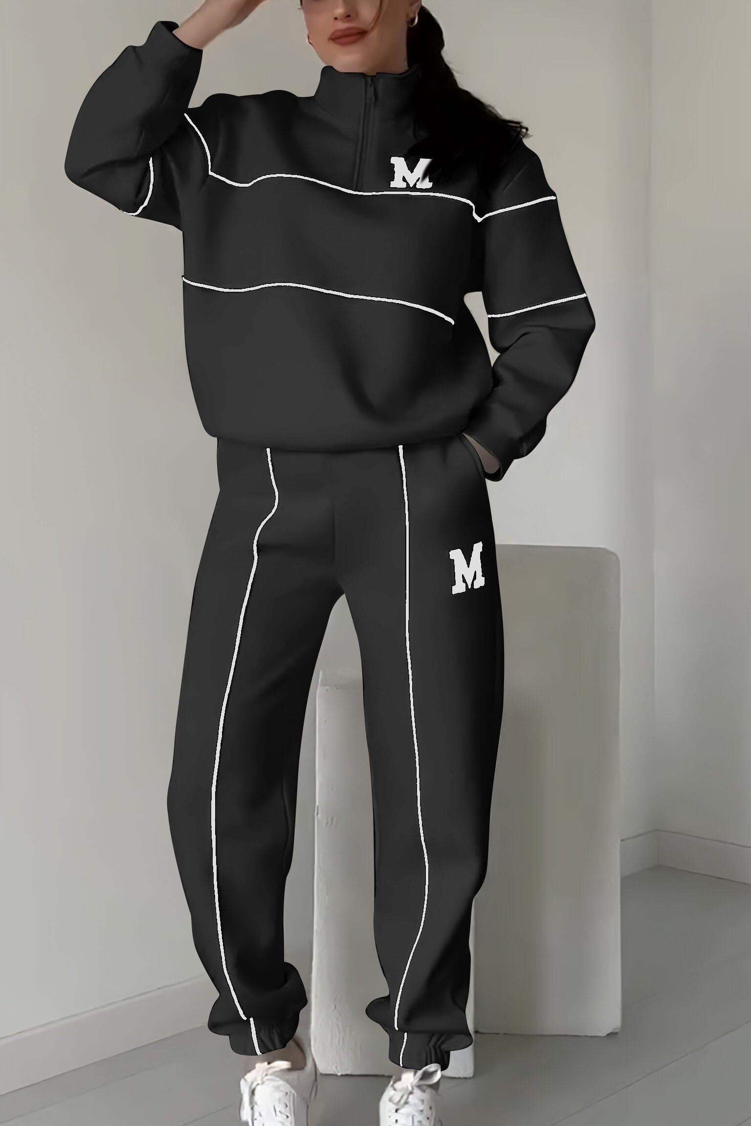Half Zip Long Sleeve Chunky Sweater and Pants Set For Women