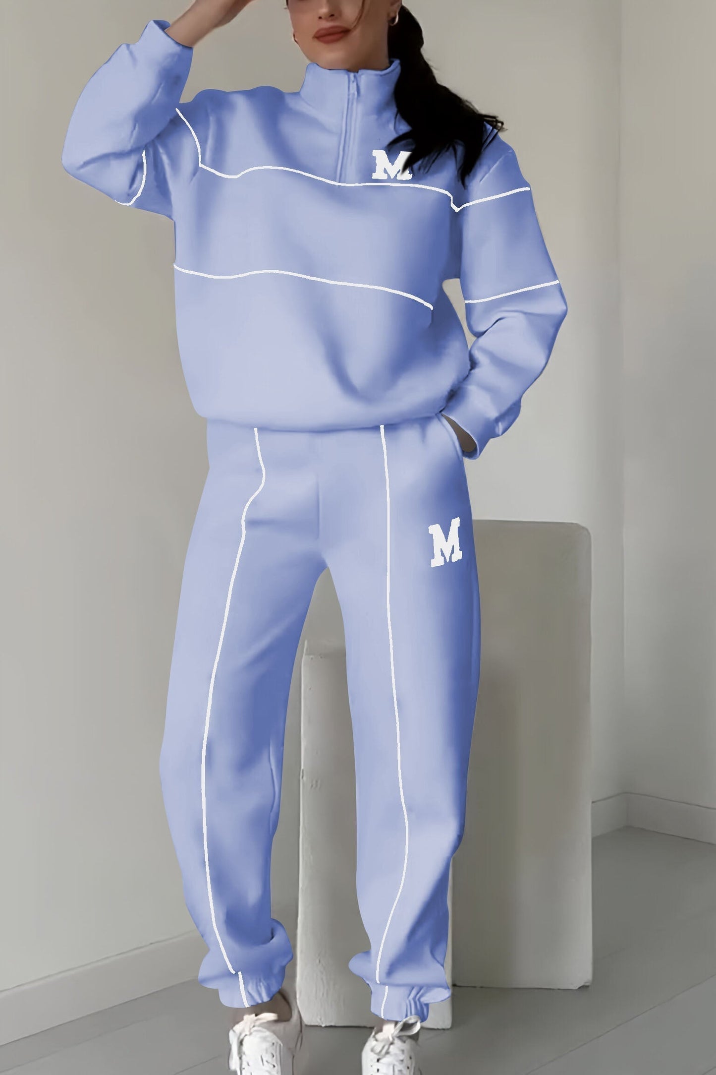 Half Zip Long Sleeve Chunky Sweater and Pants Set For Women