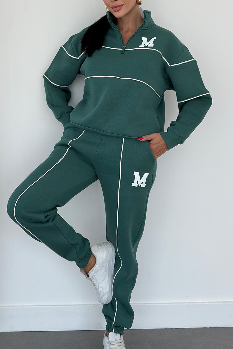 Half Zip Long Sleeve Chunky Sweater and Pants Set For Women