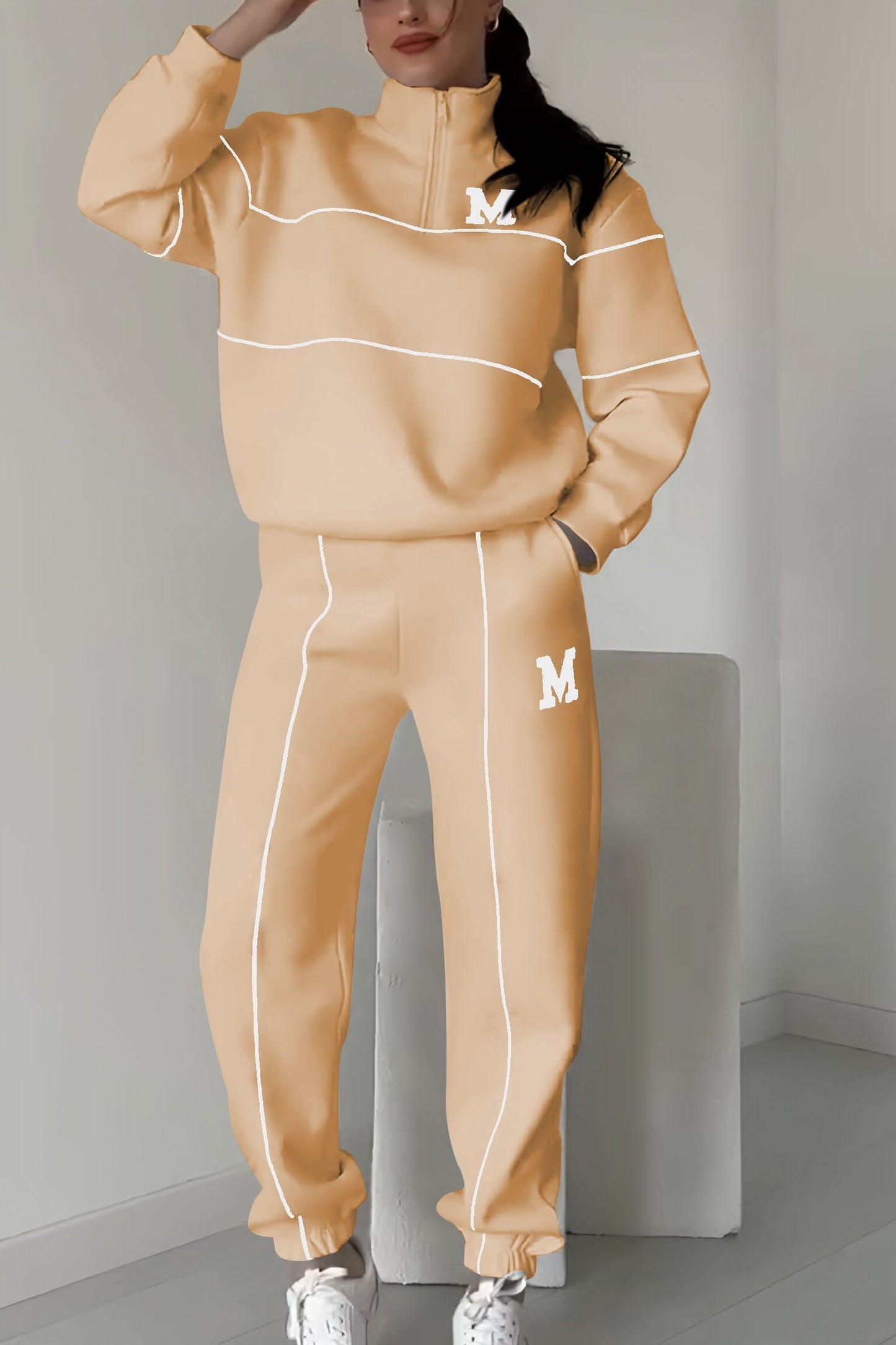 Half Zip Long Sleeve Chunky Sweater and Pants Set For Women