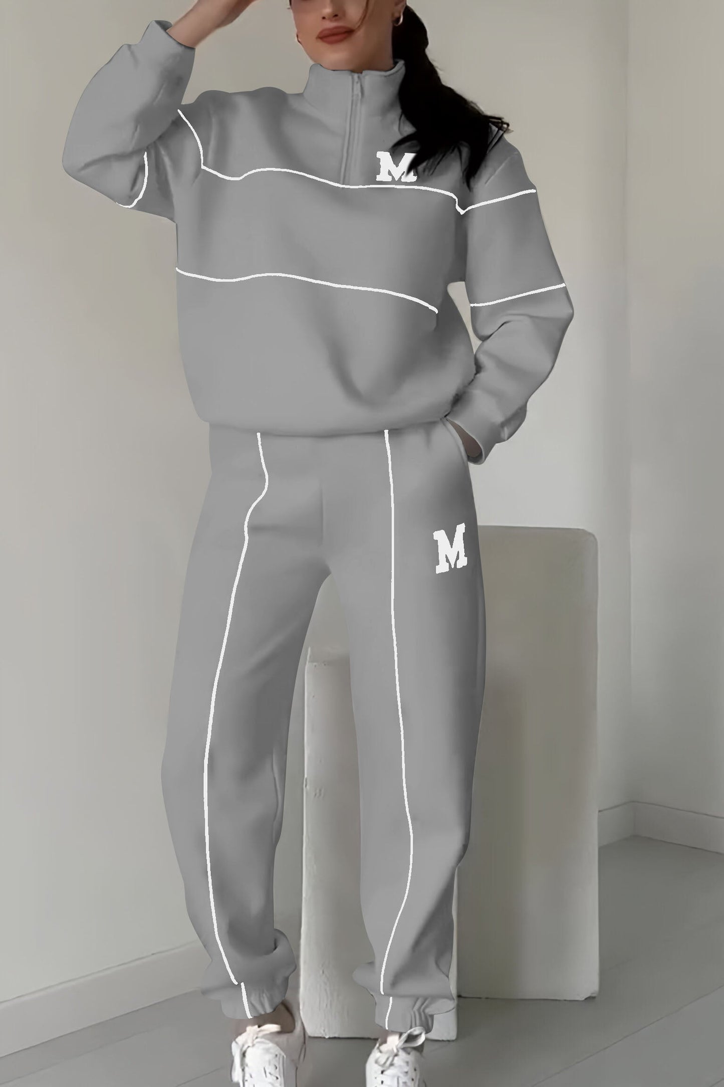 Half Zip Long Sleeve Chunky Sweater and Pants Set For Women