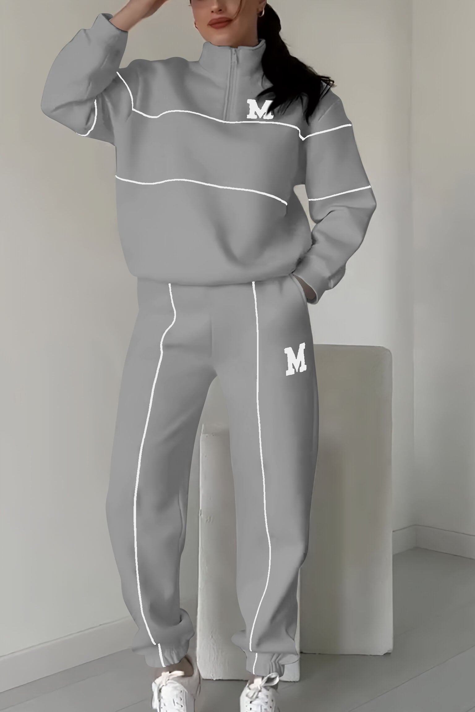 Half Zip Long Sleeve Chunky Sweater and Pants Set For Women