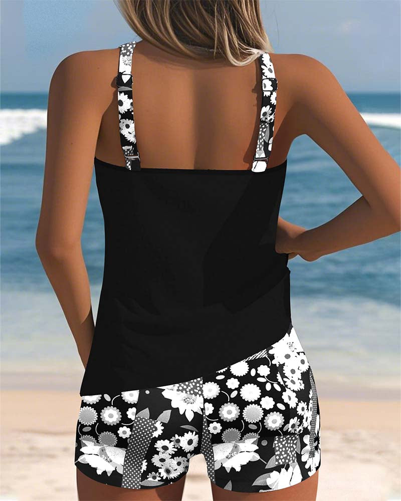 Sleeveless Floral Printed Dotted Round Fitted Swimwear