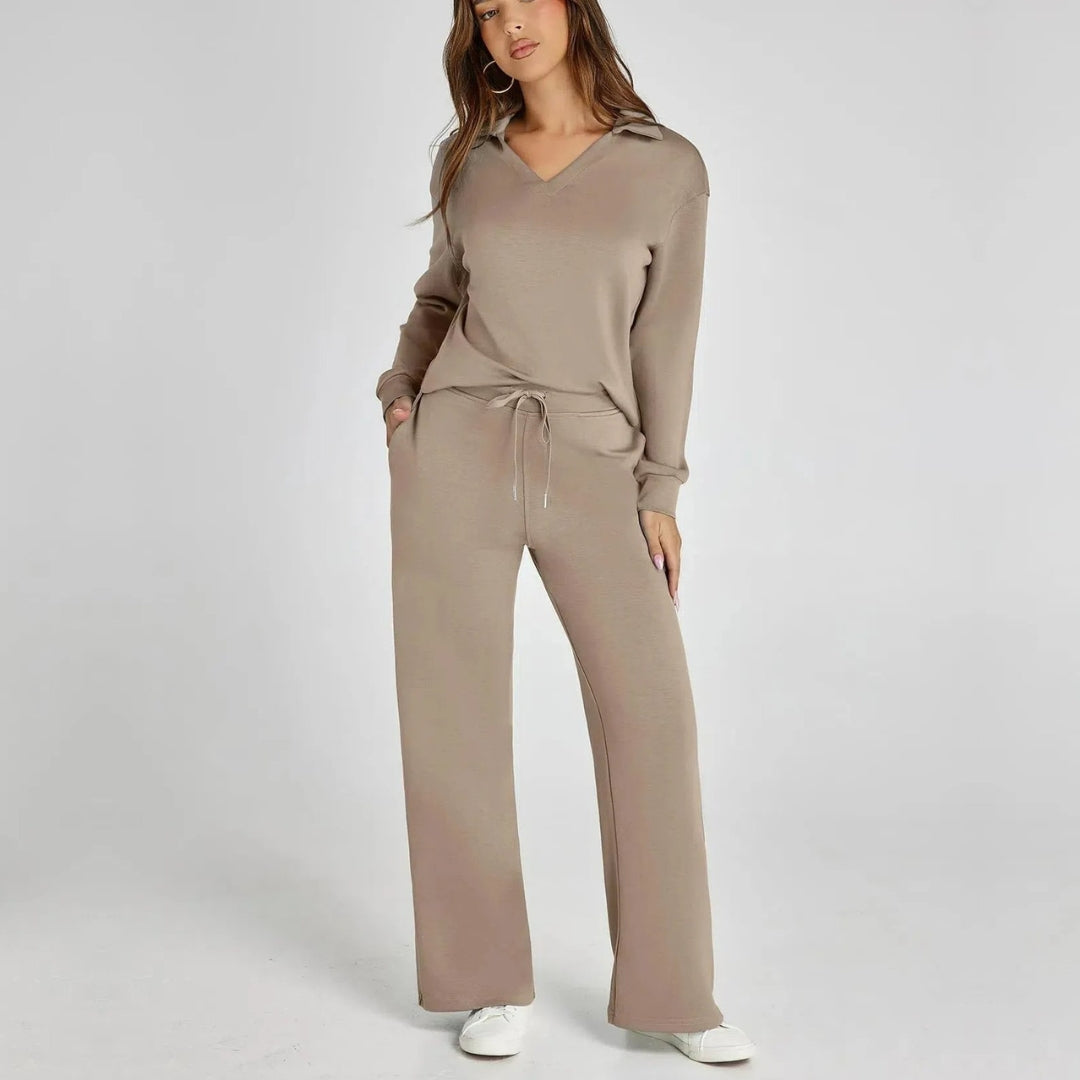 Women's V-Neck Long Sleeve Loungewear Set with Wide Leg Trousers