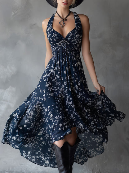 Halter Floral Sleeveless Ruched Fitted Asymmetrical Dress