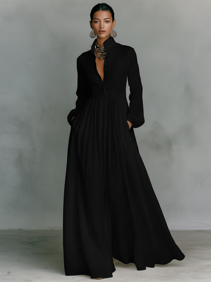 Pleated Pintuck Button Front Maxi Dress