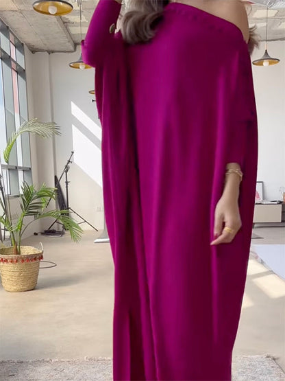 Button Trim Asymmetric Off Shoulder Slit Maxi Dress