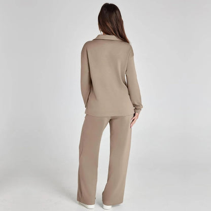 Women's V-Neck Long Sleeve Loungewear Set with Wide Leg Trousers