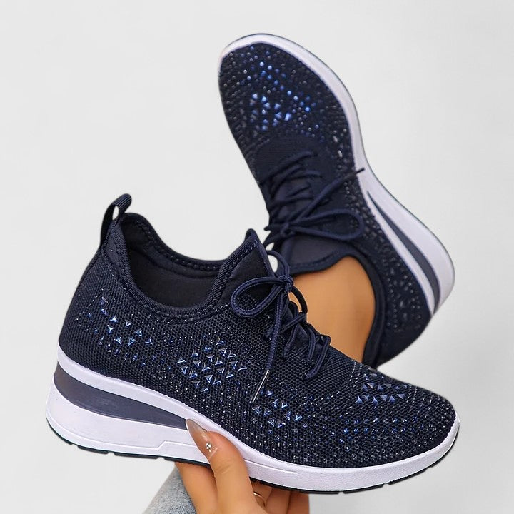 Rhinestone Mesh Lace-Up Wedge Sneakers