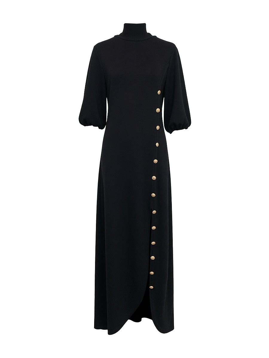 Mock Neck Puff Sleeve Buttoned Slit Dress