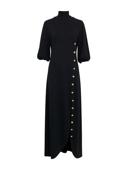 Mock Neck Puff Sleeve Buttoned Slit Dress