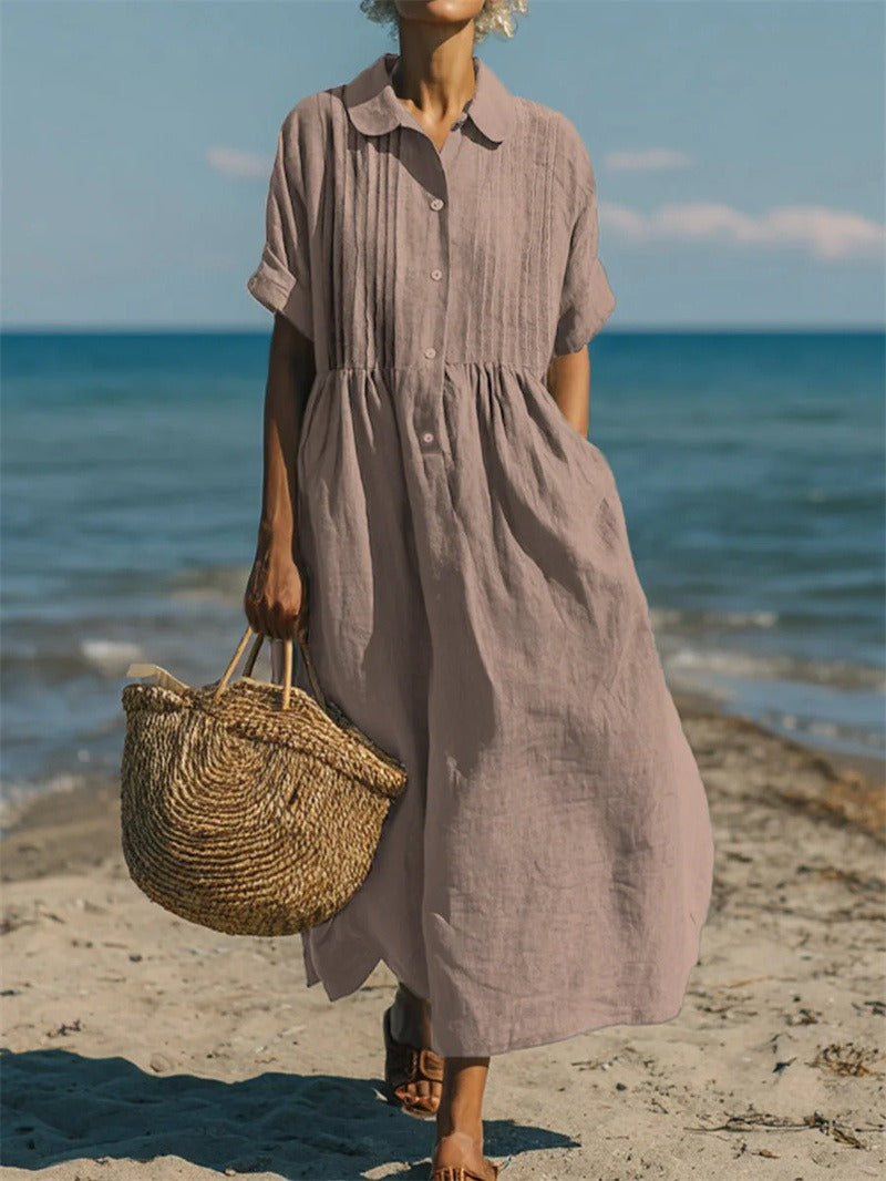 Collared Buttoned Pleated Gathered Loose Maxi Dress