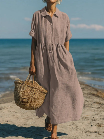 Collared Buttoned Pleated Gathered Loose Maxi Dress