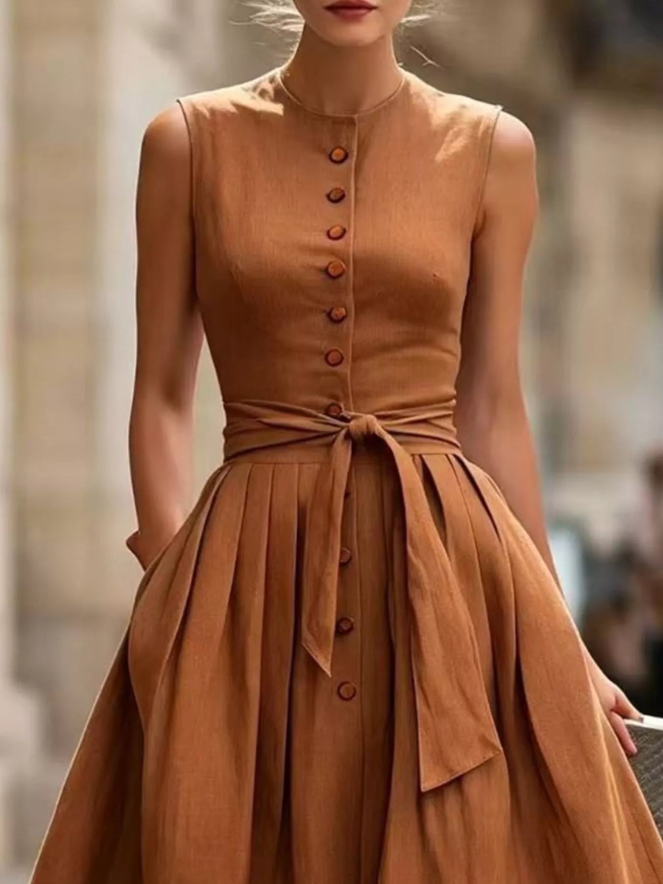 Round Neck Sleeveless Button-Front Belted Midi Dress