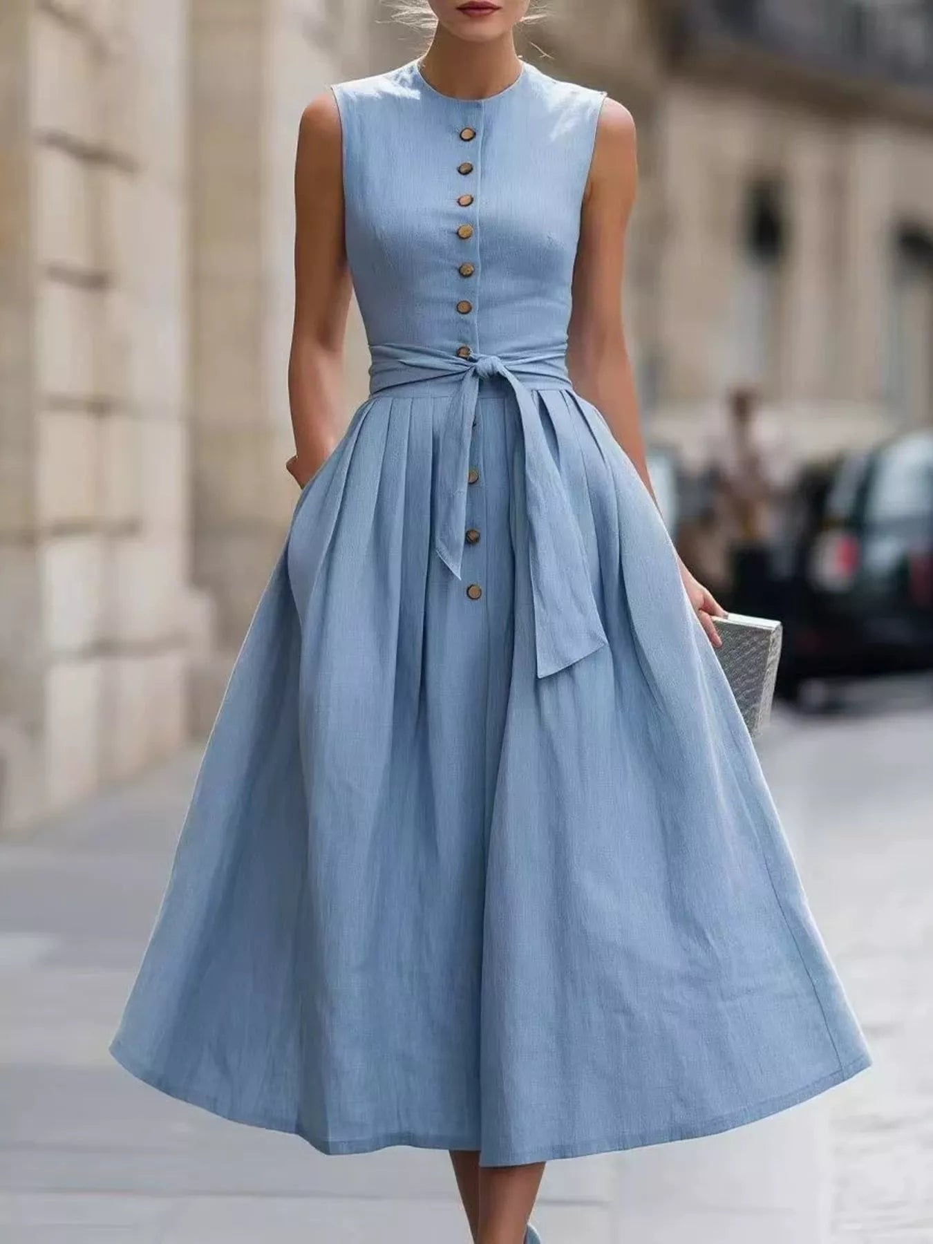 Round Neck Sleeveless Button-Front Belted Midi Dress