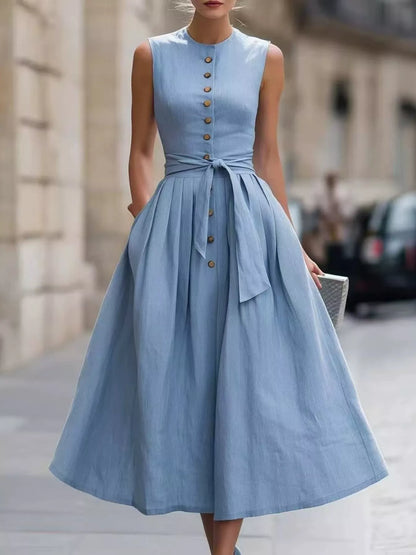 Round Neck Sleeveless Button-Front Belted Midi Dress