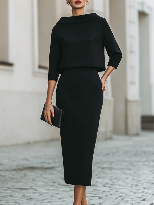 Boat Neck Top and Midi Skirt Set