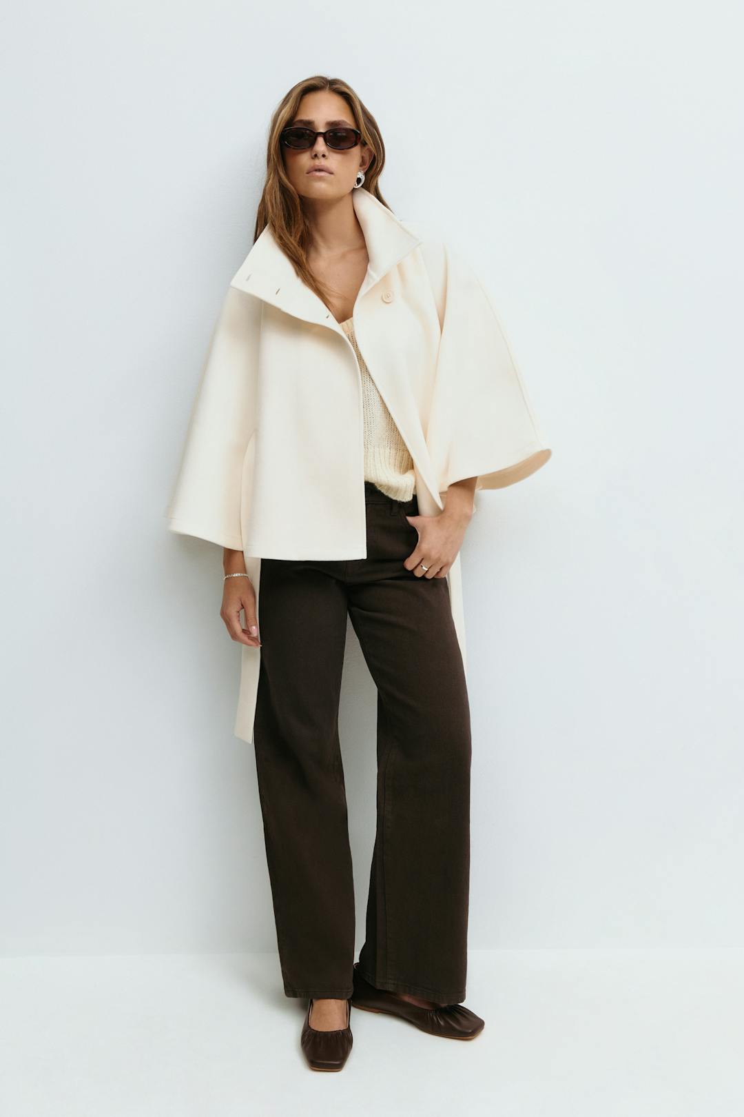 Belted High Collar Cape Sleeve Coat For Women