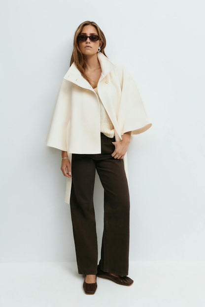 Belted High Collar Cape Sleeve Coat For Women
