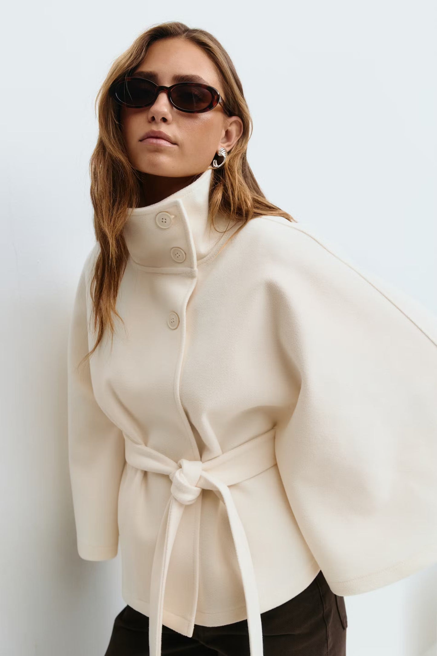 Belted High Collar Cape Sleeve Coat For Women