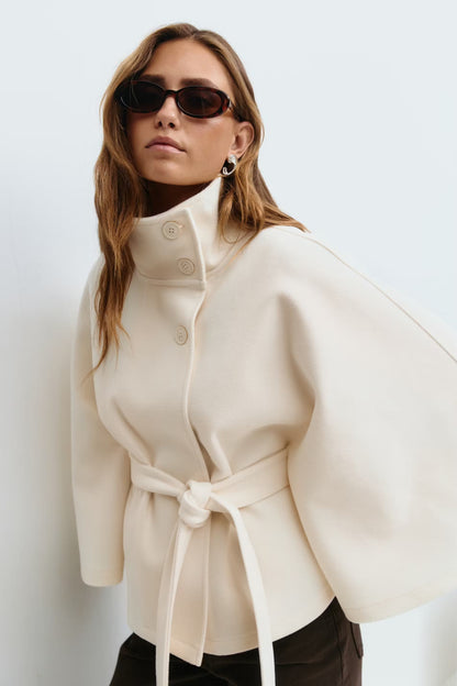 Belted High Collar Cape Sleeve Coat For Women