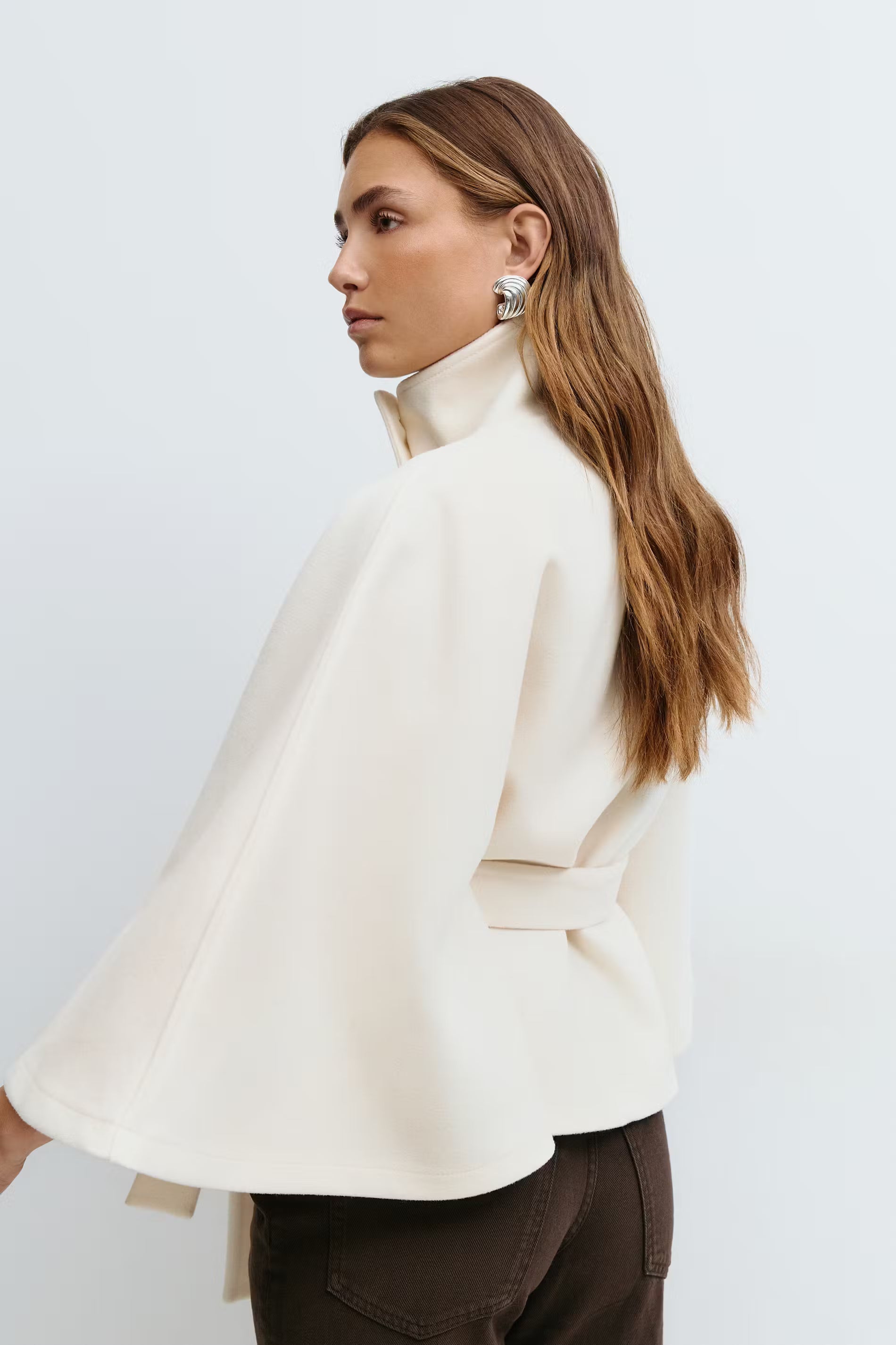 Belted High Collar Cape Sleeve Coat For Women