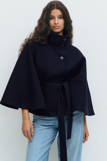 Belted High Collar Cape Sleeve Coat For Women