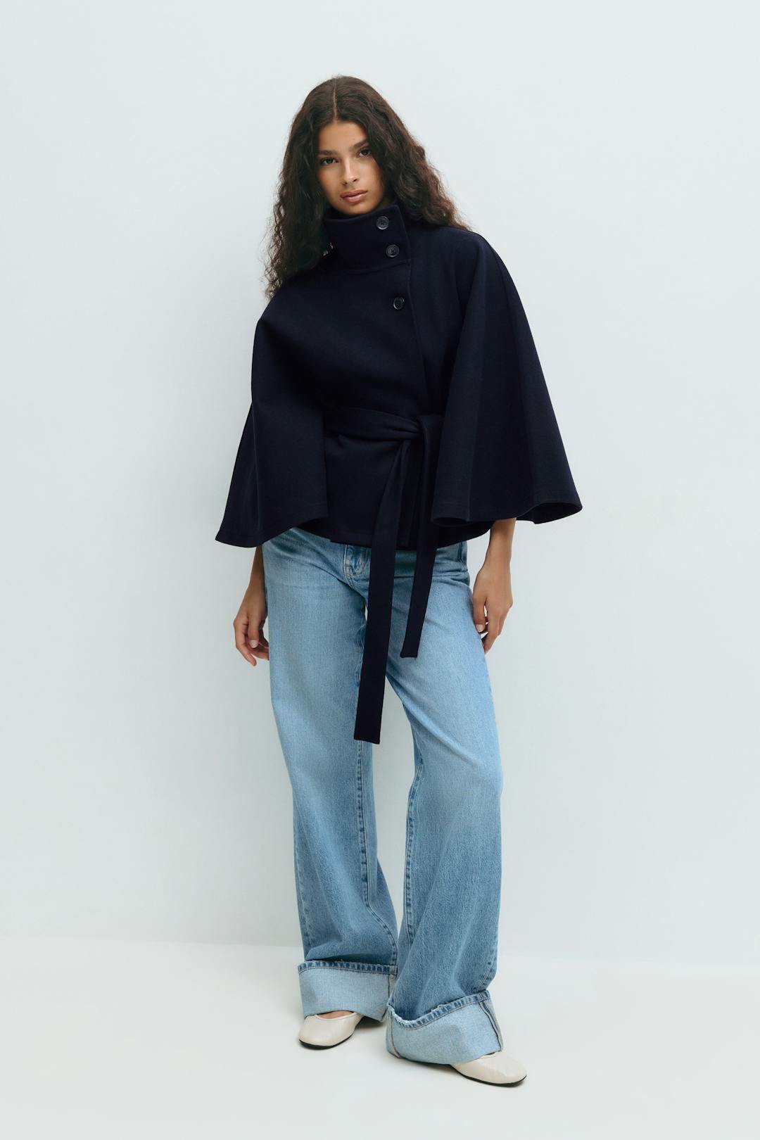 Belted High Collar Cape Sleeve Coat For Women
