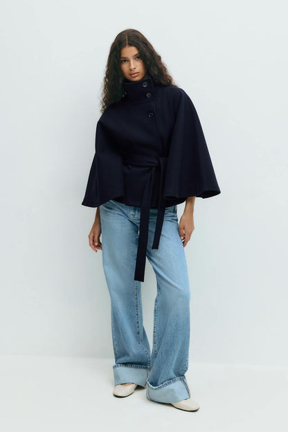 Belted High Collar Cape Sleeve Coat For Women
