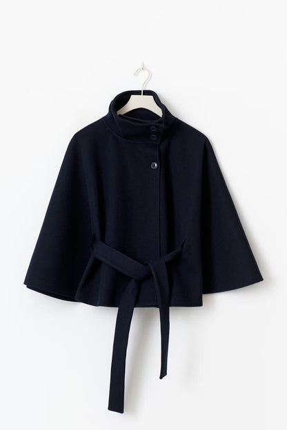 Belted High Collar Cape Sleeve Coat For Women