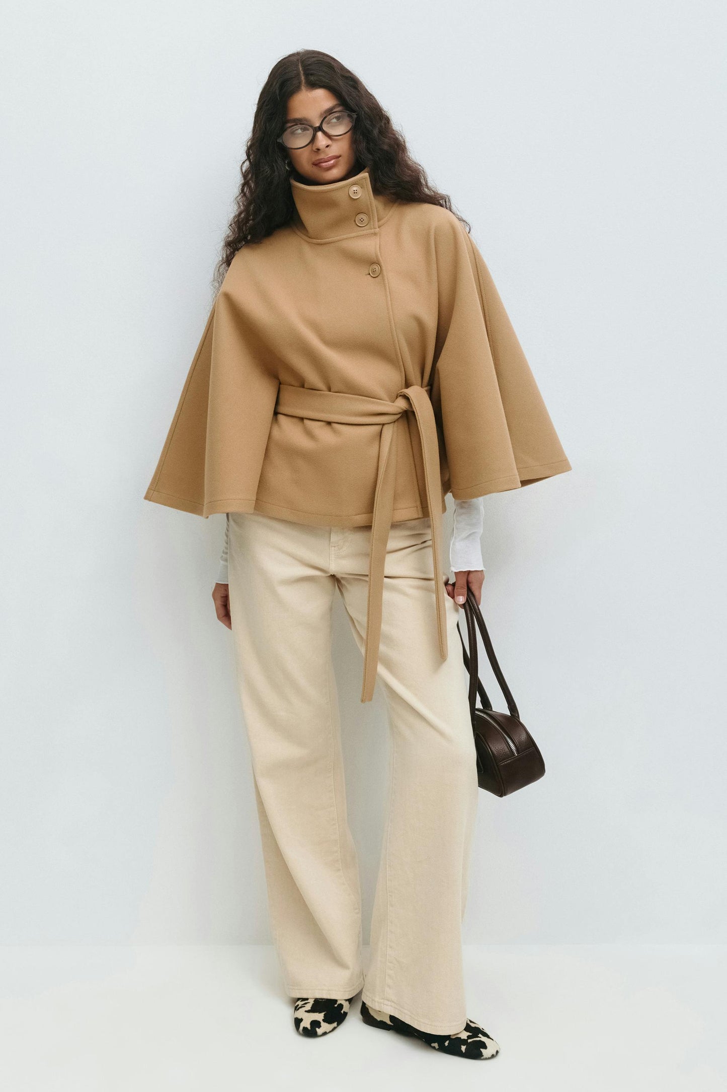 Belted High Collar Cape Sleeve Coat For Women
