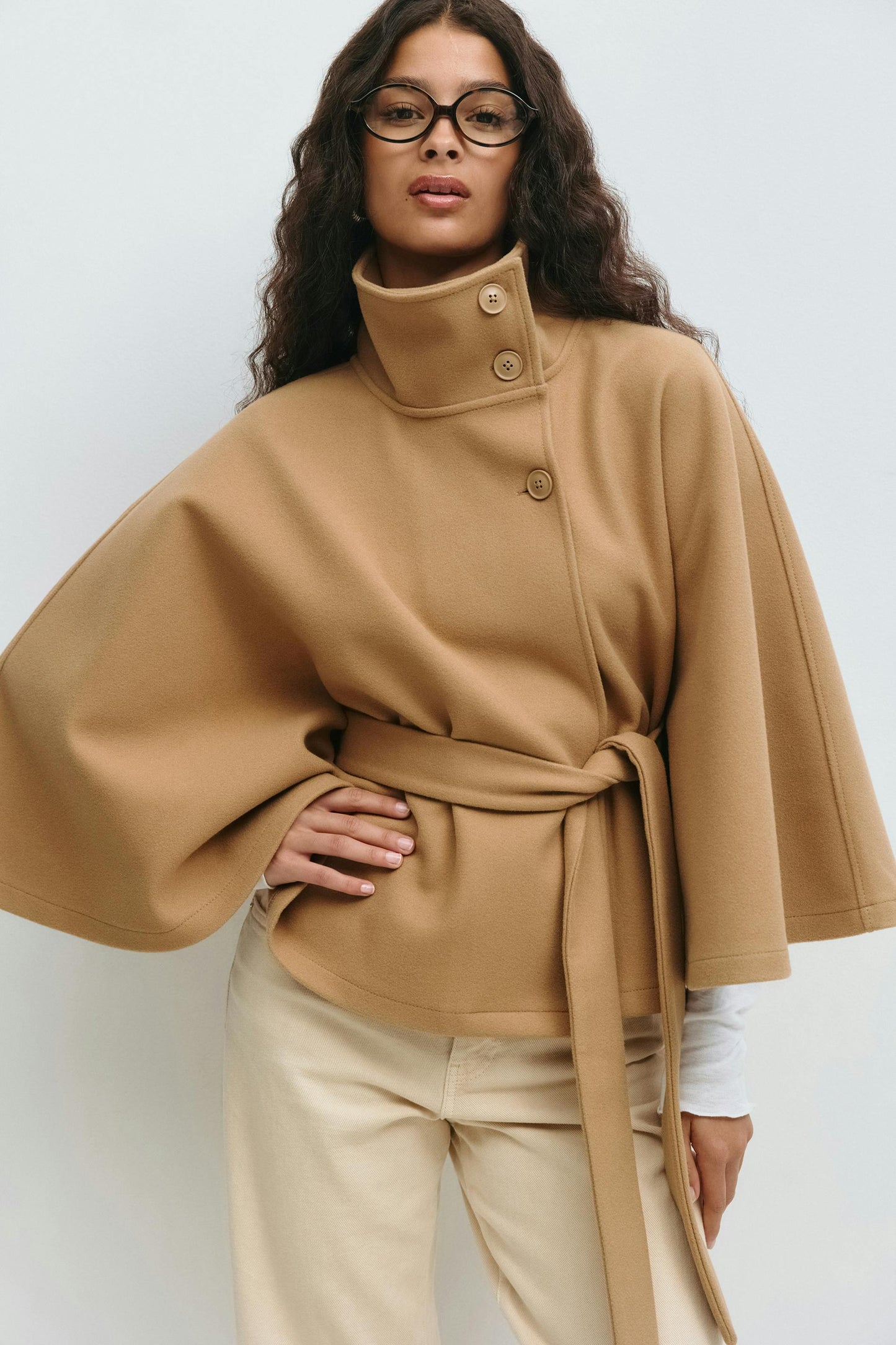 Belted High Collar Cape Sleeve Coat For Women